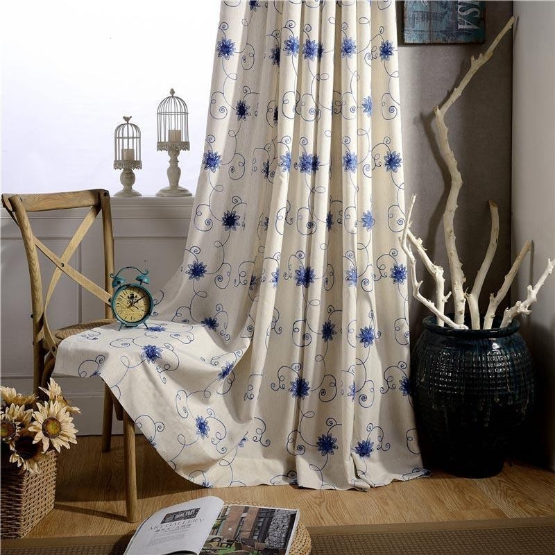 Zasłona American Simple Curtain Wykonana Na Miarę, Niebieska, Haftowana, Ocieplana, Miękka, Bawełniana, Lniana Tkanina