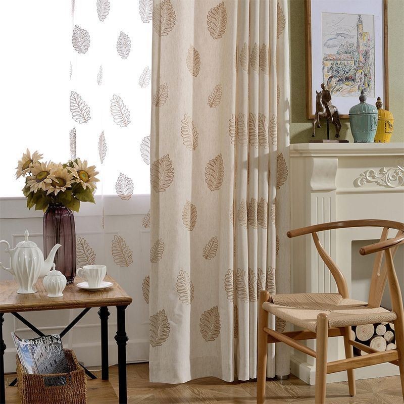 Nordic Cotton Linen Blackout Curtain Zasłona Wykonana Na Wymiar Haft Liści Do Salonu Sypialni
